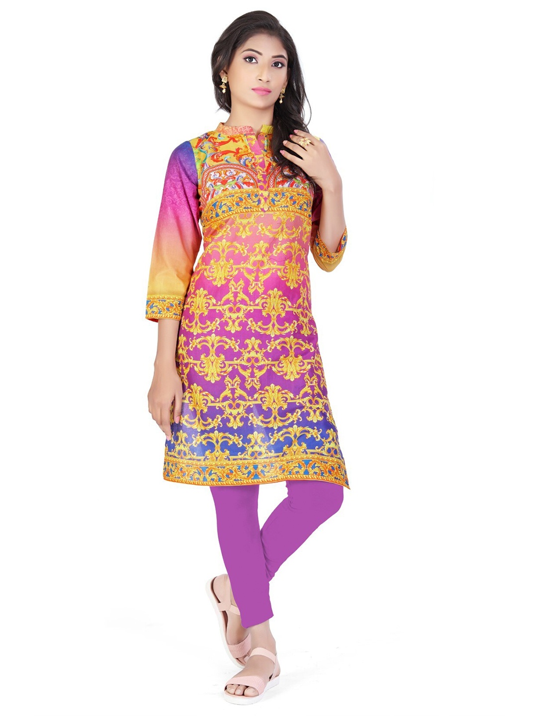 

SALWAT Ethnic Motifs Printed Mandarin Collar Straight Kurta, Yellow
