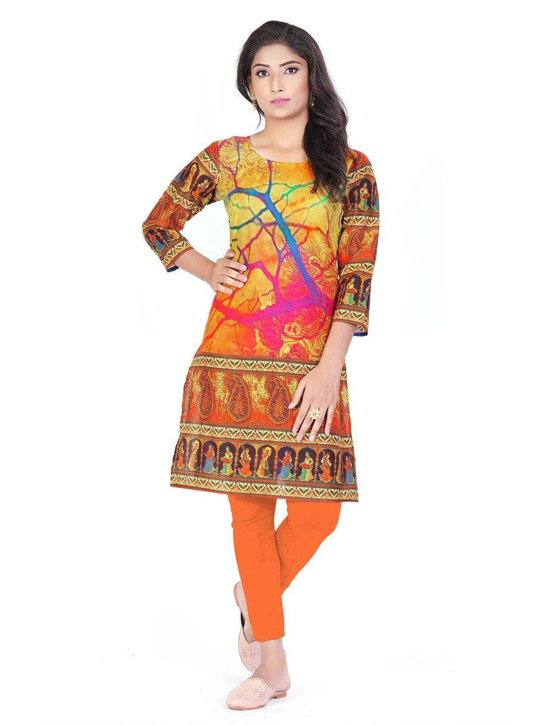 

SALWAT Ethnic Motifs Printed Cotton Straight Kurta, Orange