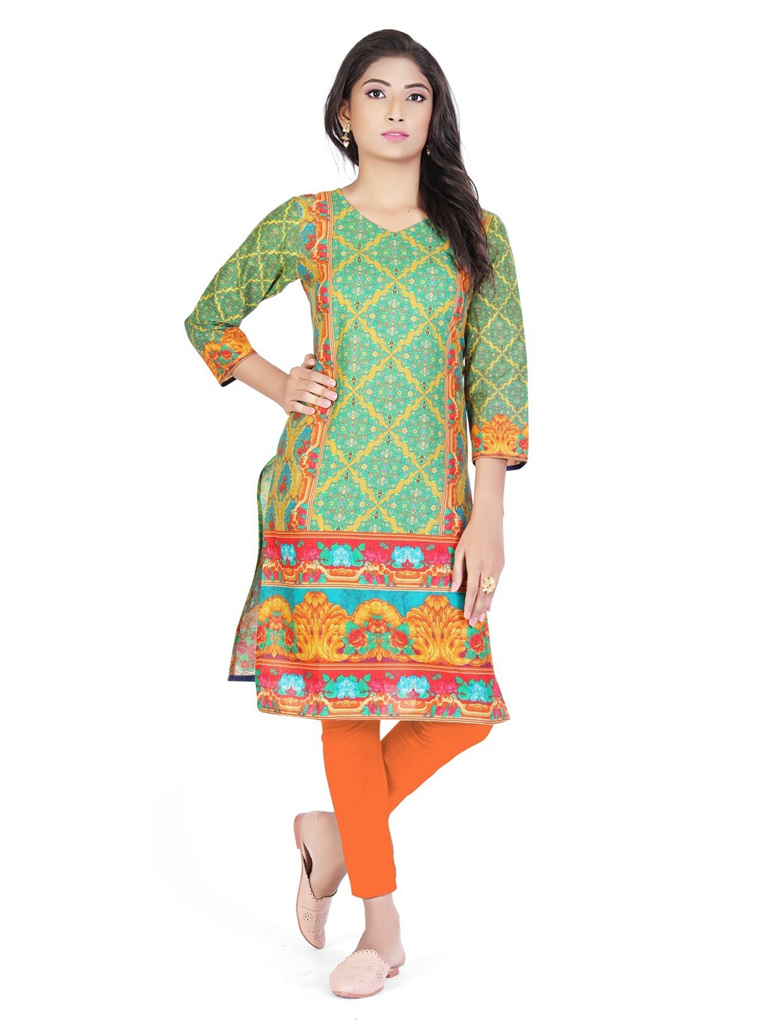 

SALWAT Ethnic Motifs Printed Cotton Straight Kurta, Green