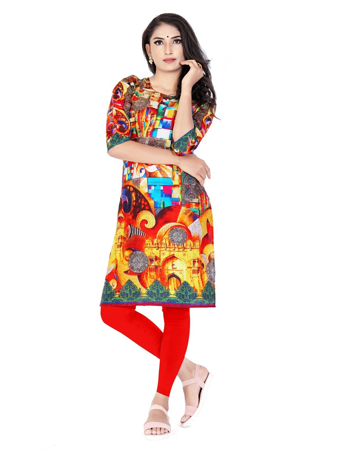 

SALWAT Abstract Printed Round Neck Straight Kurta, Red