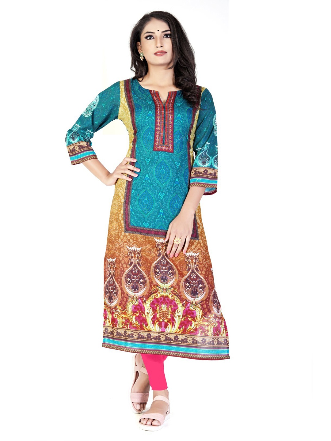 

SALWAT Ethnic Motifs Printed Round Neck Cotton Straight Kurta, Blue