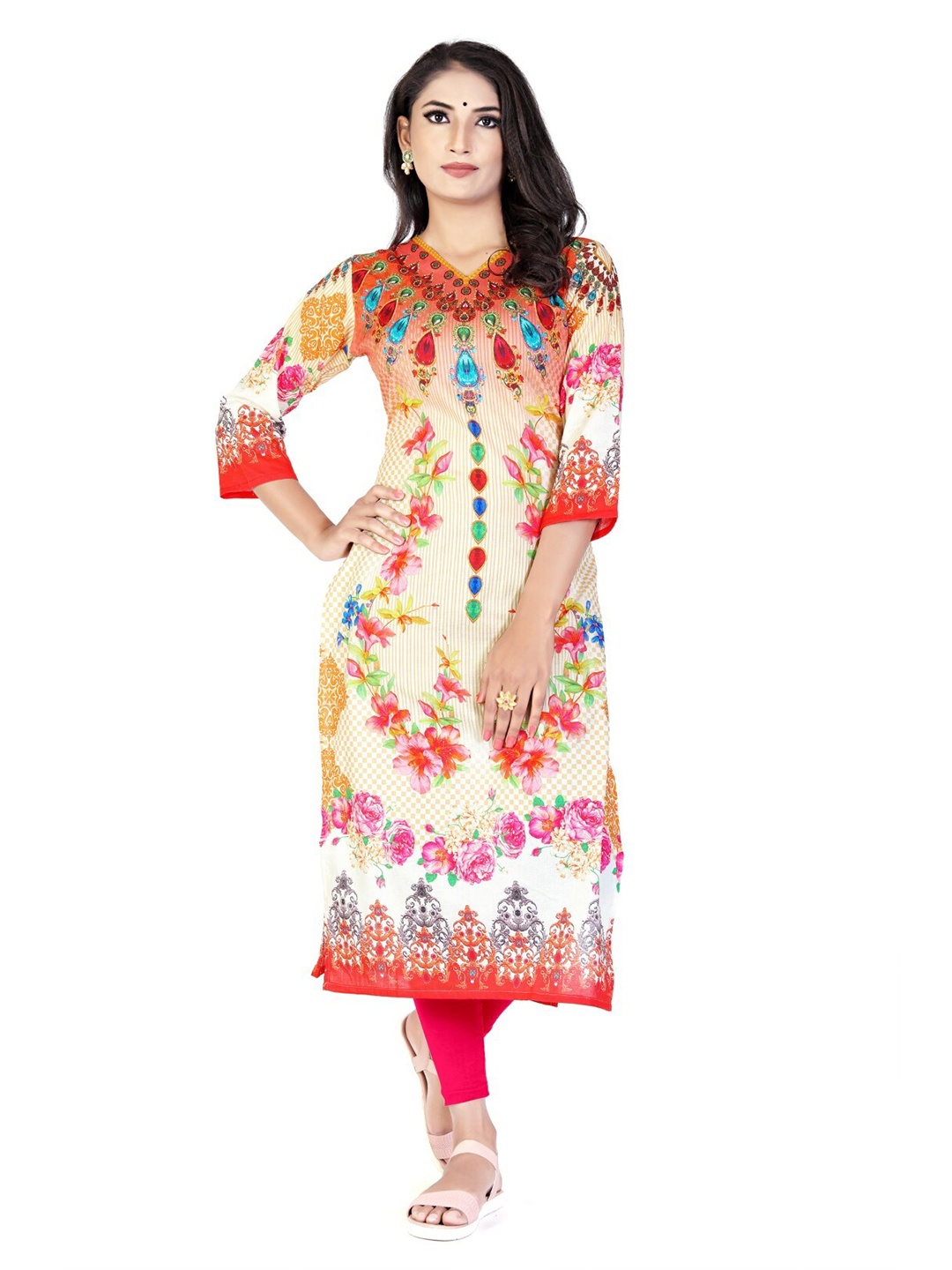 

SALWAT Ethnic Motifs Printed Cotton Straight Kurta, Cream
