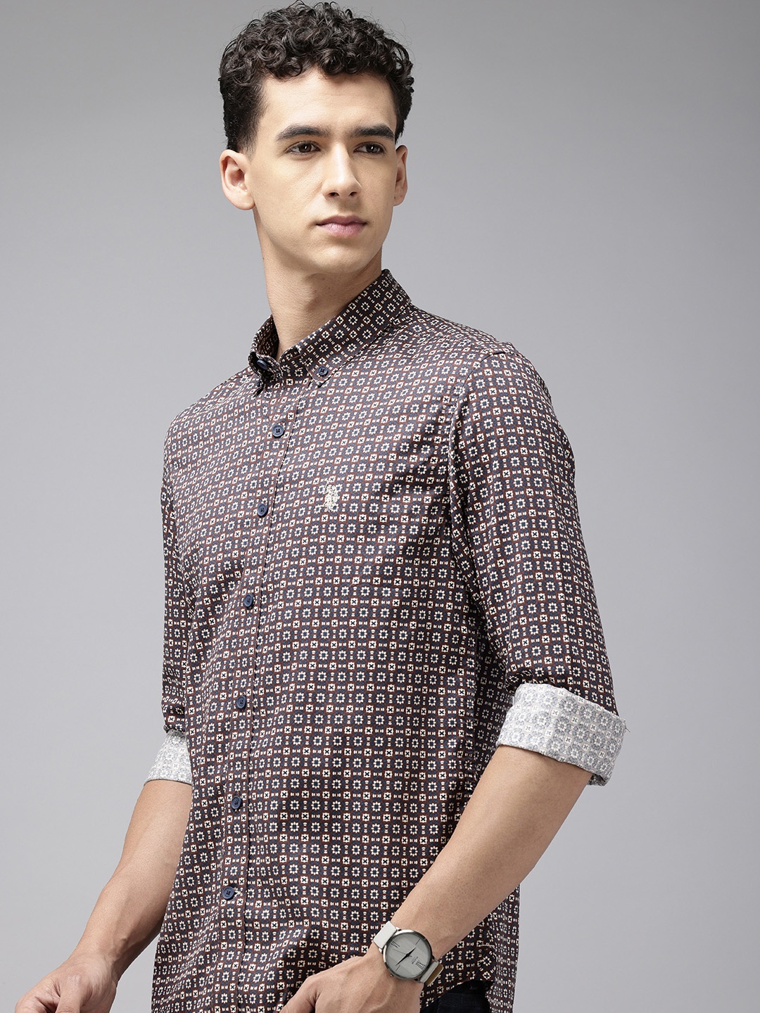 

U.S. Polo Assn. Denim Co. Pure Cotton Slim Fit Ethnic Motifs Printed Casual Shirt, Coffee brown