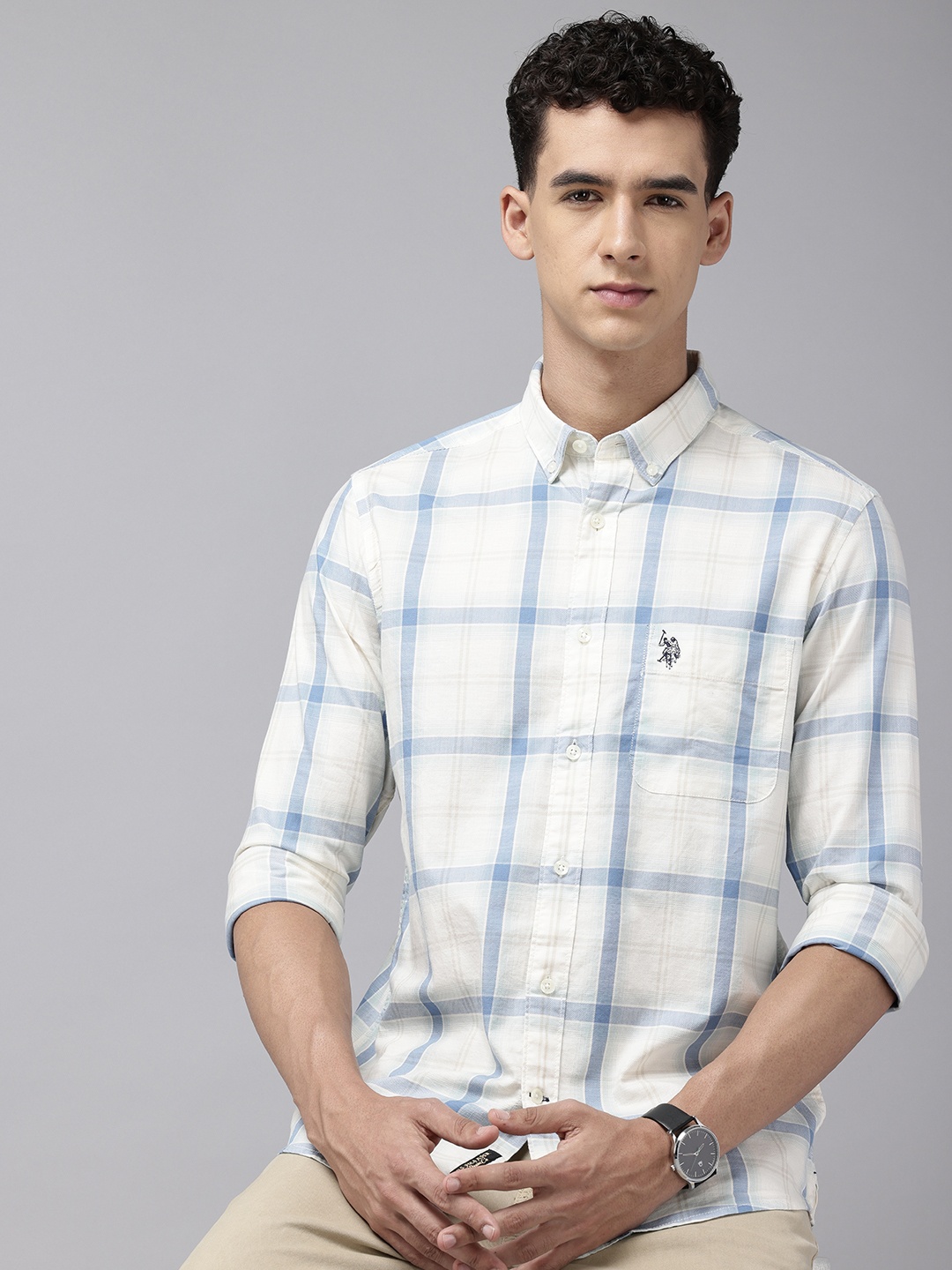 

U.S. Polo Assn. Denim Co. Pure Cotton Slim Fit Checked Casual Shirt, Off white