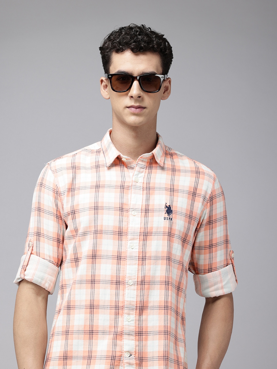 

U.S. Polo Assn. Denim Co. Pure Cotton Slim Fit Checked Casual Shirt, Peach