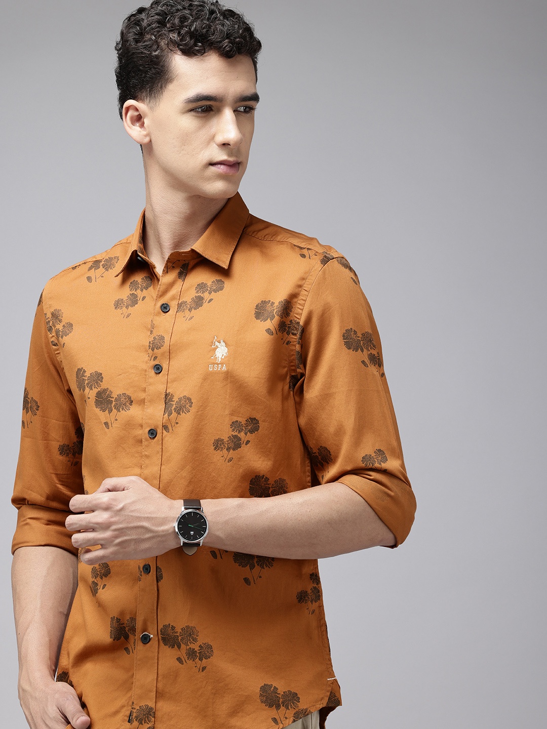 

U.S. Polo Assn. Denim Co. Pure Cotton Slim Fit Floral Opaque Printed Casual Shirt, Rust