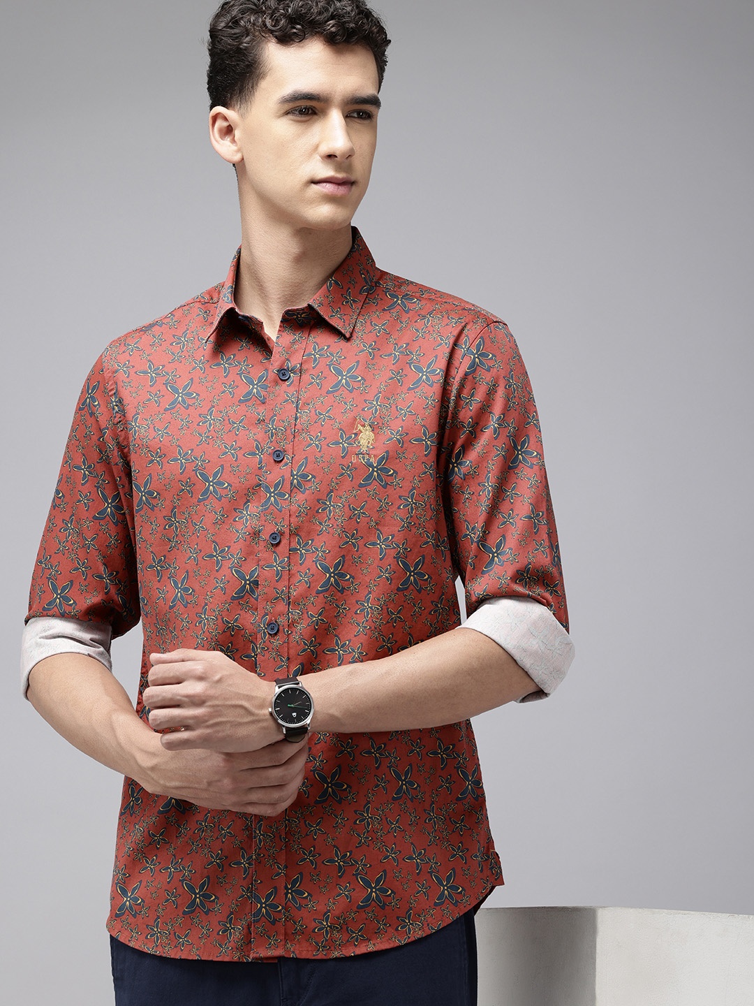 

U.S. Polo Assn. Denim Co. Pure Cotton Slim Fit Floral Opaque Printed Casual Shirt, Red