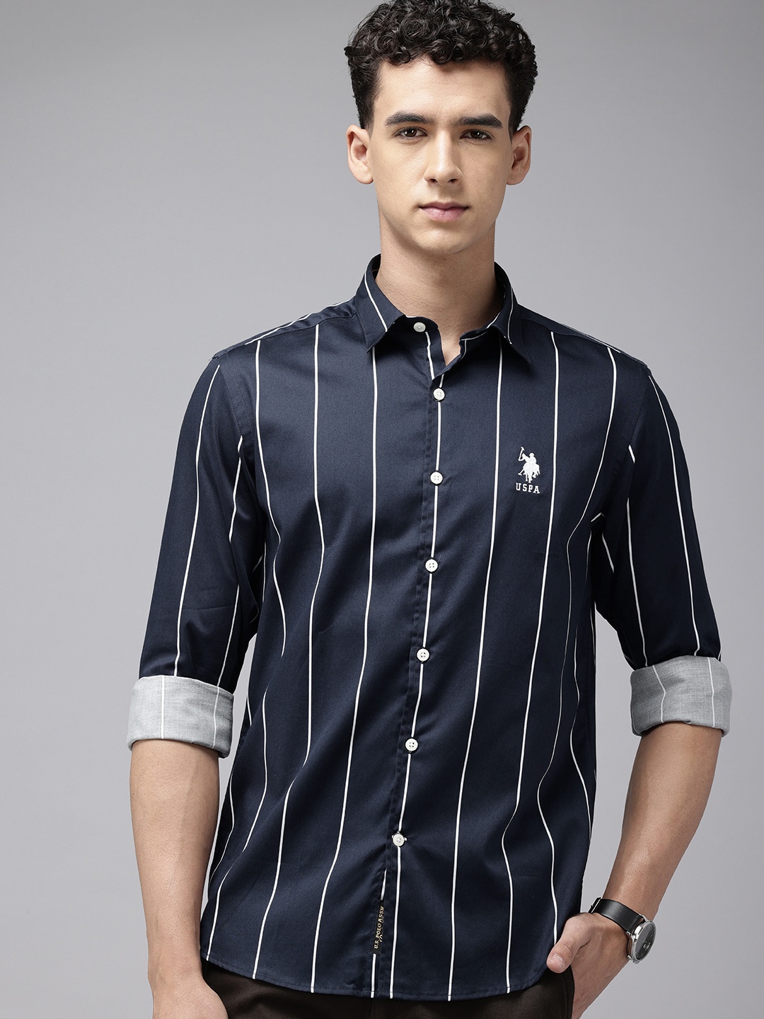 

U.S. Polo Assn. Denim Co. Pure Cotton Slim Fit Opaque Striped Casual Shirt, Navy blue