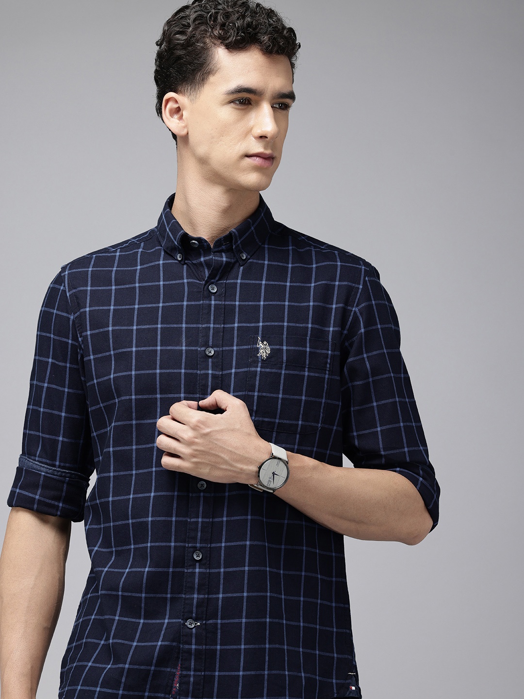 

U.S. Polo Assn. Denim Co. Pure Cotton Slim Fit Windowpane Checked Casual Shirt, Navy blue