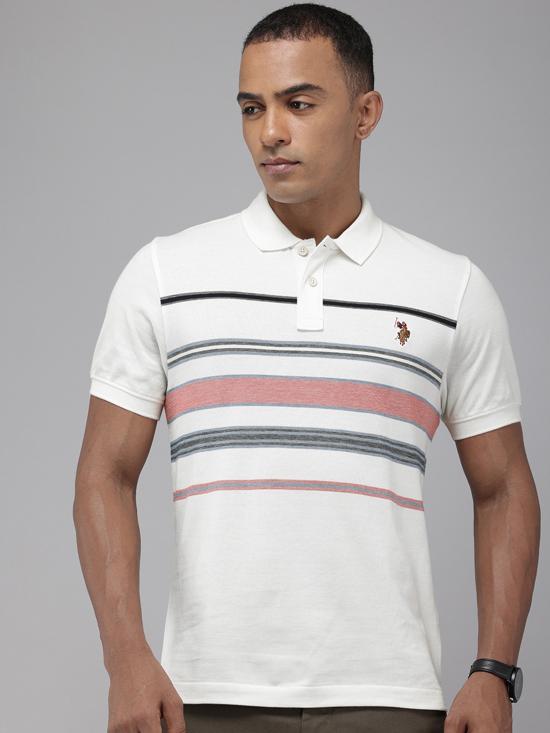 

U.S. Polo Assn. Denim Co. Striped Polo Collar Pure Cotton Slim Fit T-shirt, White