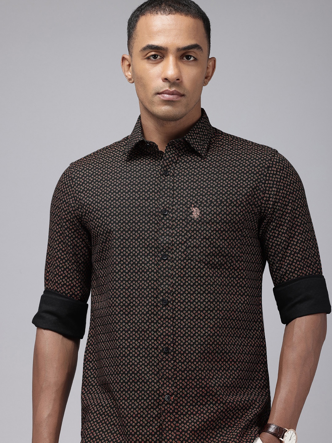

U.S. Polo Assn. Pure Cotton Tailored Fit Opaque Printed Casual Shirt, Black
