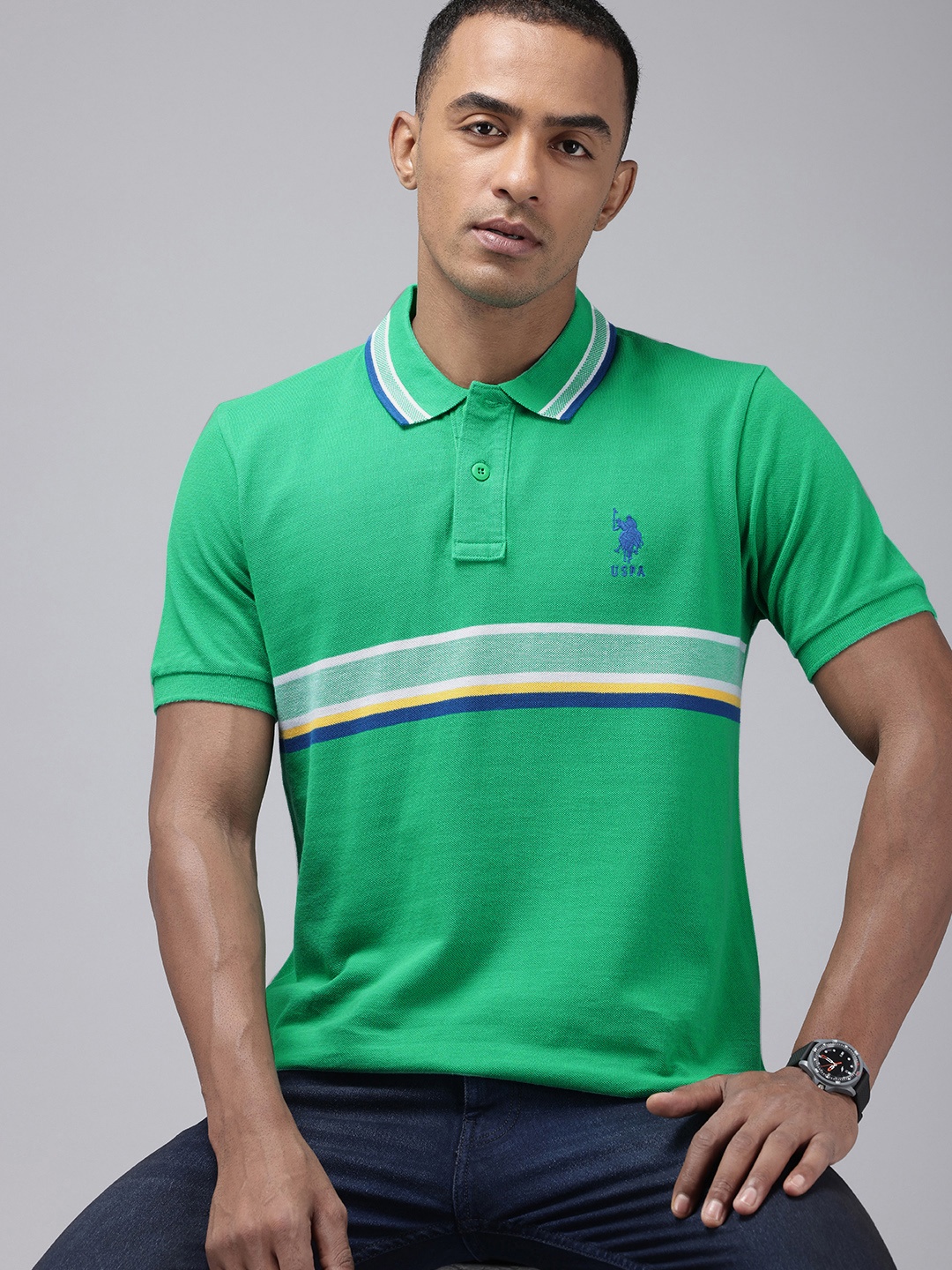 

U.S. Polo Assn. Striped Polo Collar Slim Fit T-shirt, Green