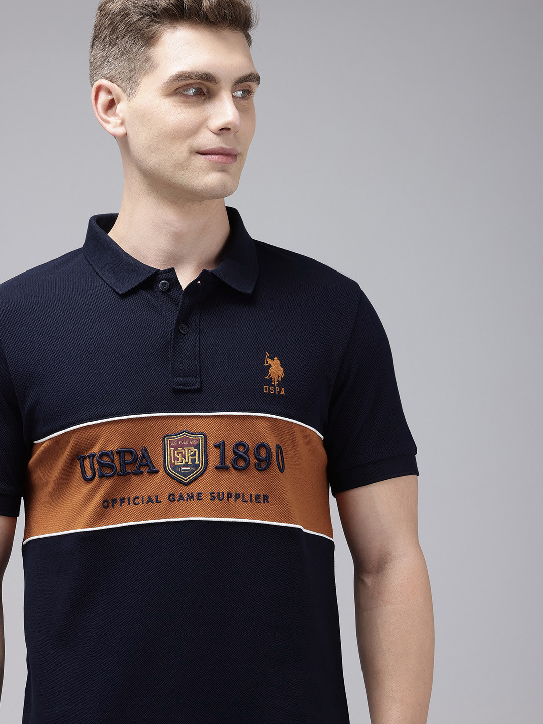 

U.S. Polo Assn. Brand Logo Embroidered Polo Collar Pure Cotton Slim Fit T-shirt, Navy blue