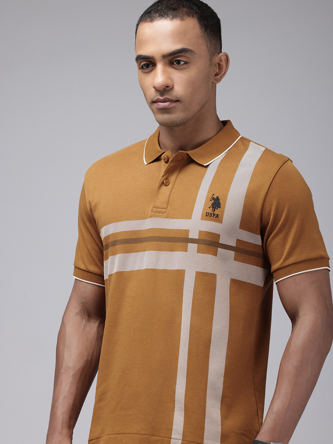 

U.S. Polo Assn. Striped Polo Collar Pure Cotton Slim Fit T-shirt, Brown
