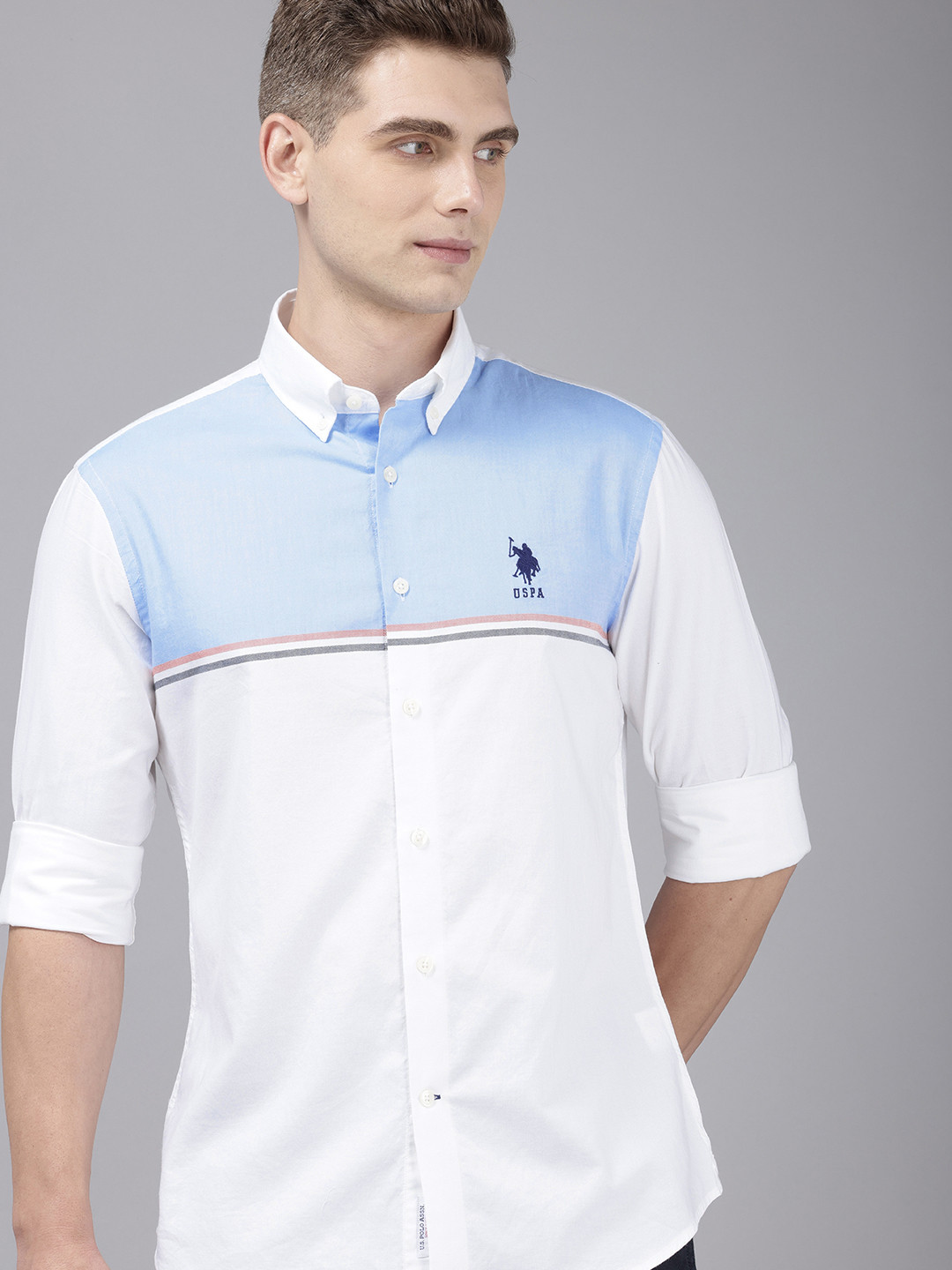 

U.S. Polo Assn. Pure Cotton Tailored Fit Colourblocked Casual Shirt, White