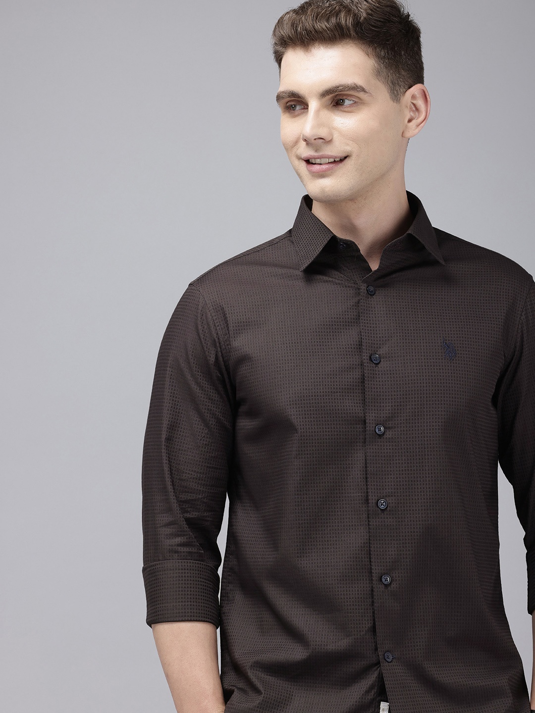 

U.S. Polo Assn. Pure Cotton Self Design Tailored Fit Textured Casual Shirt, Brown