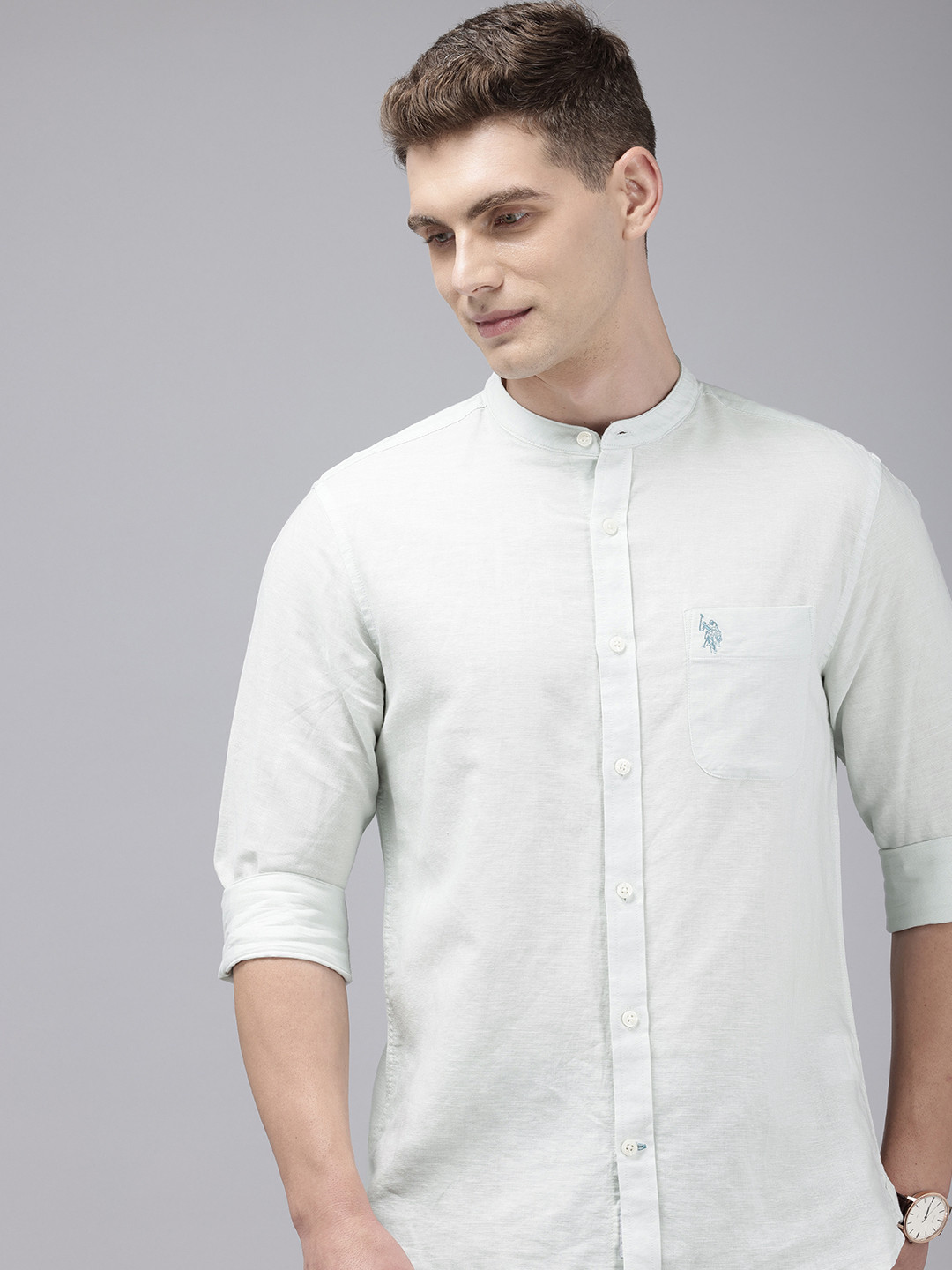 

U.S. Polo Assn. Tailored Fit Band Collar Linen Cotton Casual Shirt, Sea green