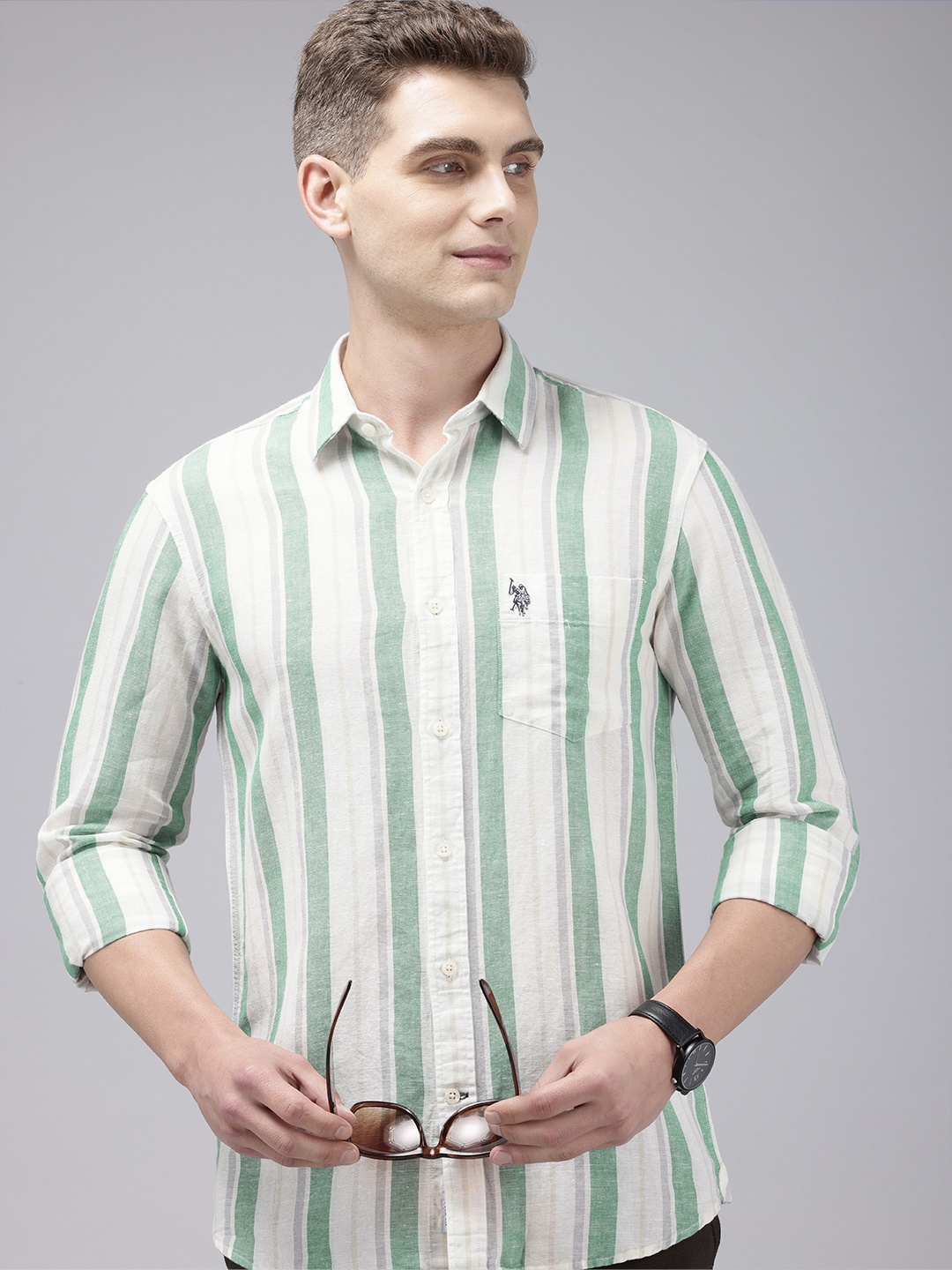 

U.S. Polo Assn. Linen Cotton Tailored Fit Opaque Striped Casual Shirt, Green