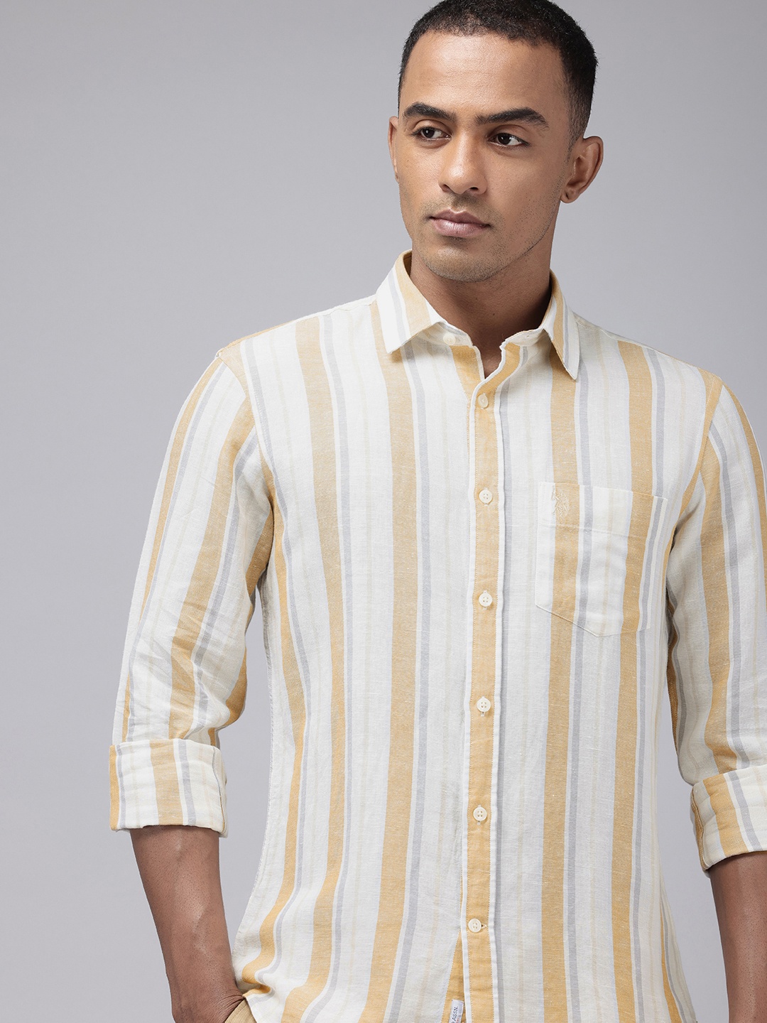 

U.S. Polo Assn. Linen Cotton Tailored Fit Striped Casual Shirt, White