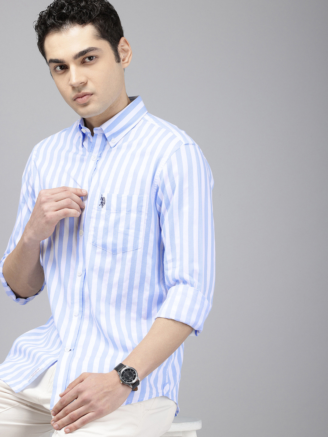 

U.S. Polo Assn. Pure Cotton Self Vertical Striped Tailored Fit Casual Shirt, Blue