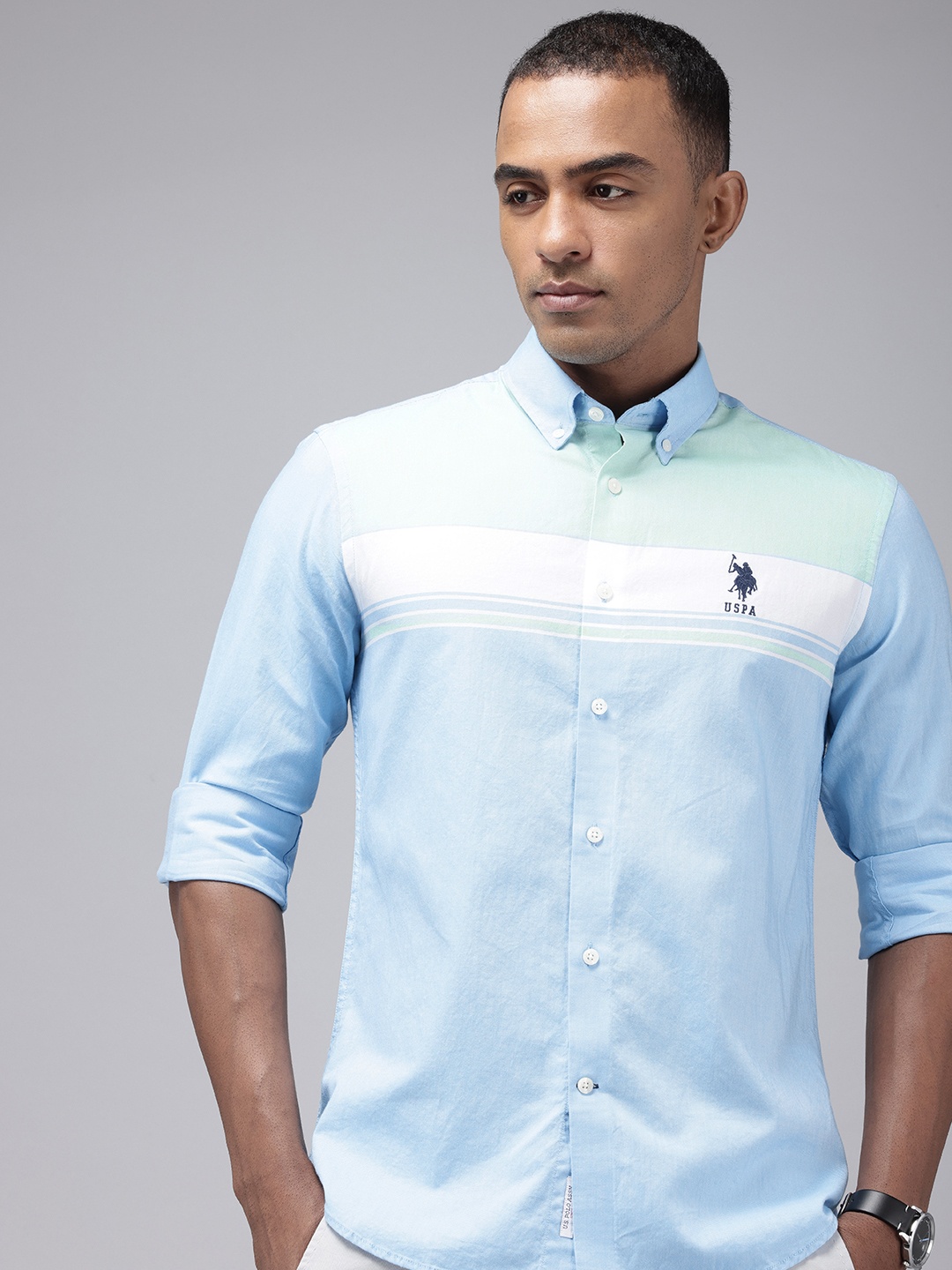 

U.S. Polo Assn. Tailored Fit Colourblocked Button-Down Collar Pure Cotton Casual Shirt, Blue