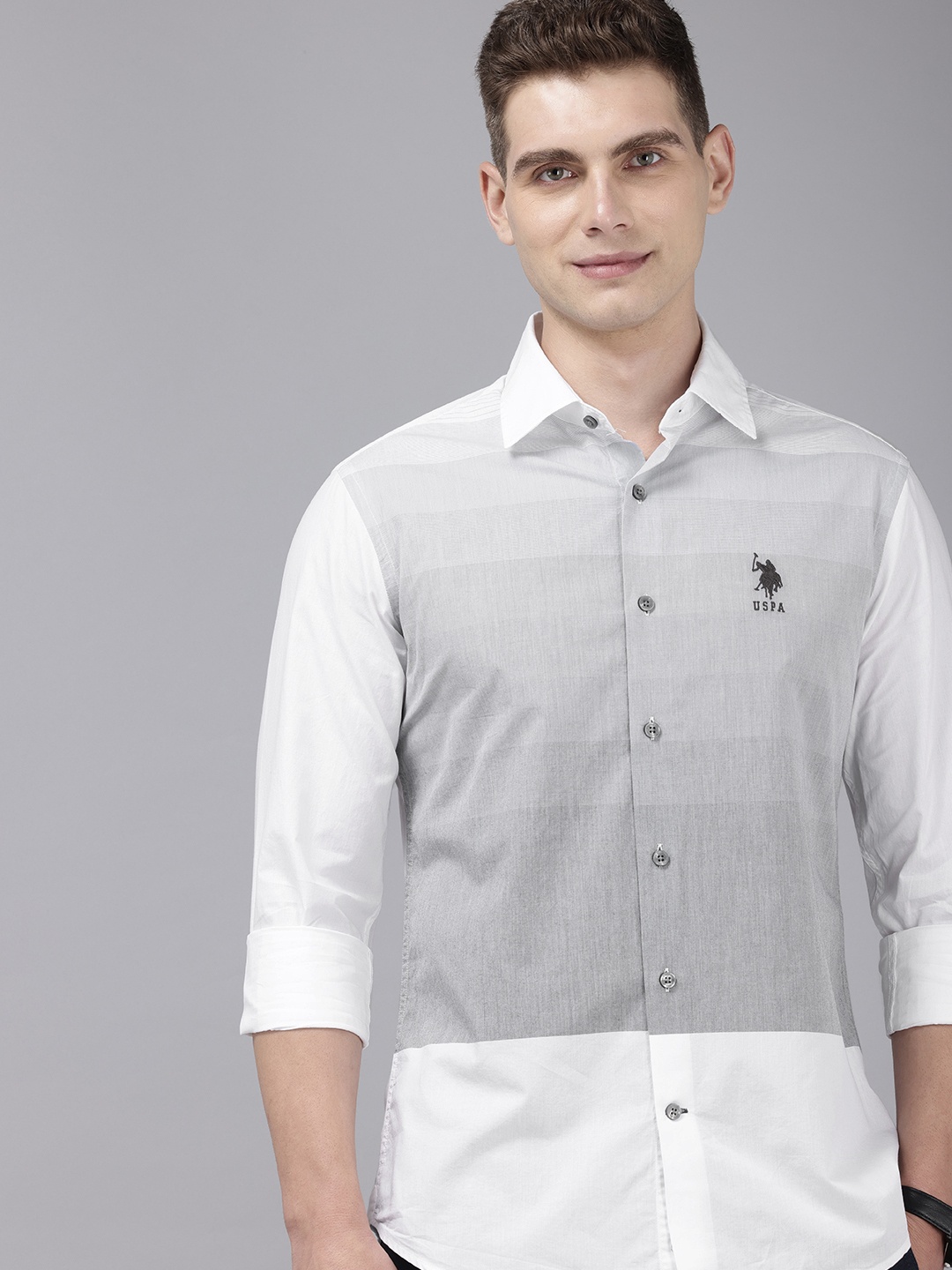 

U.S. Polo Assn. Pure Cotton Tailored Fit Opaque Colourblocked Casual Shirt, Grey