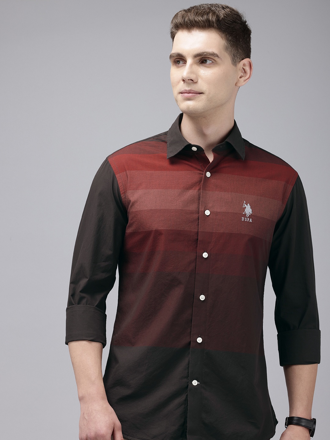 

U.S. Polo Assn. Pure Cotton Tailored Fit Opaque Colourblocked Casual Shirt, Maroon