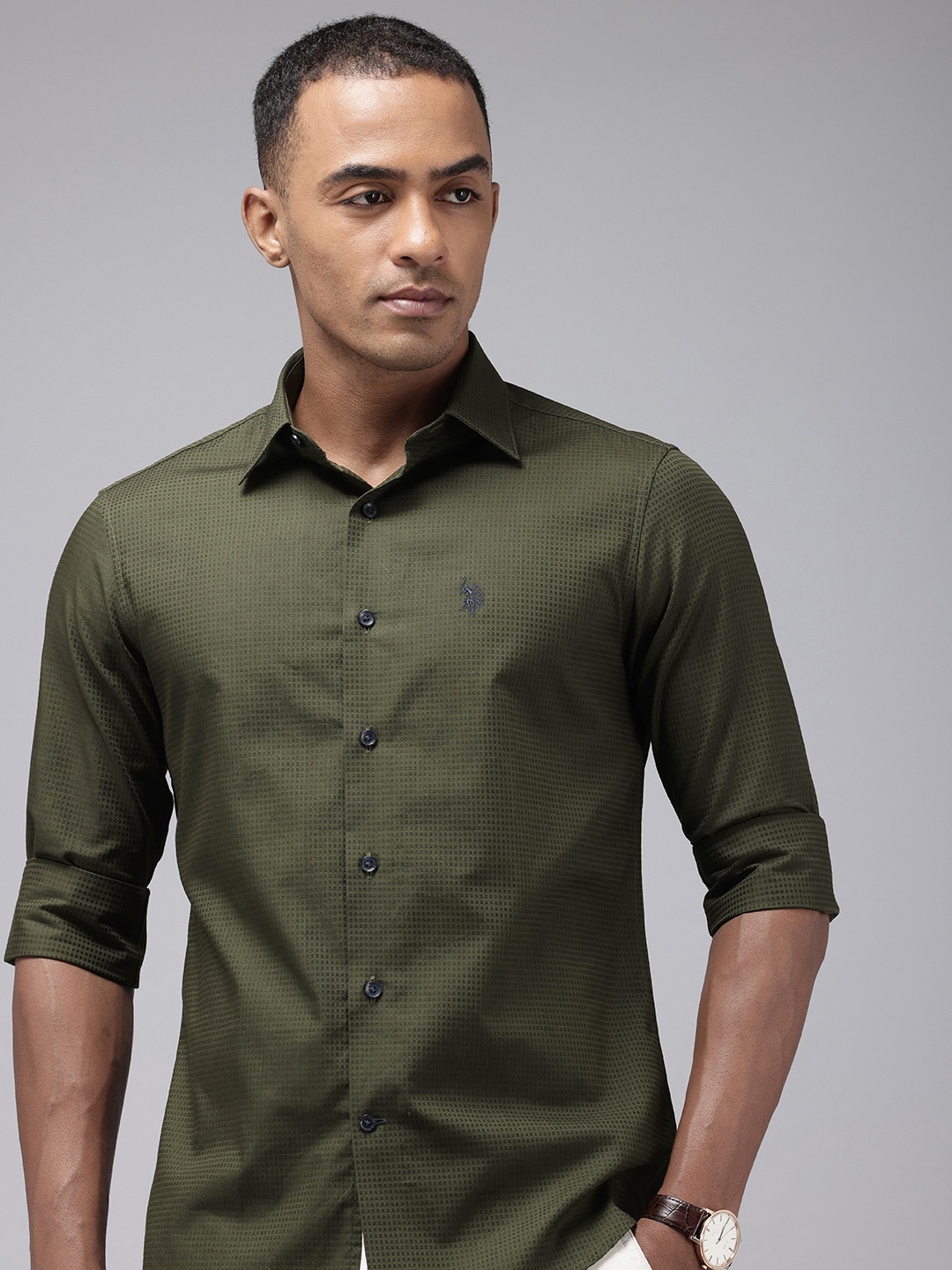 

U.S. Polo Assn. Pure Cotton Self Design Tailored Fit Textured Casual Shirt, Olive