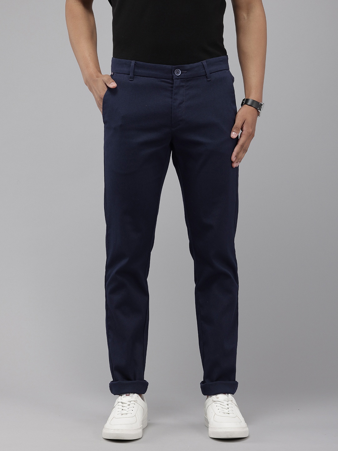 

U.S. Polo Assn. Men Self Design Textured Austin Trim Fit Trousers, Navy blue