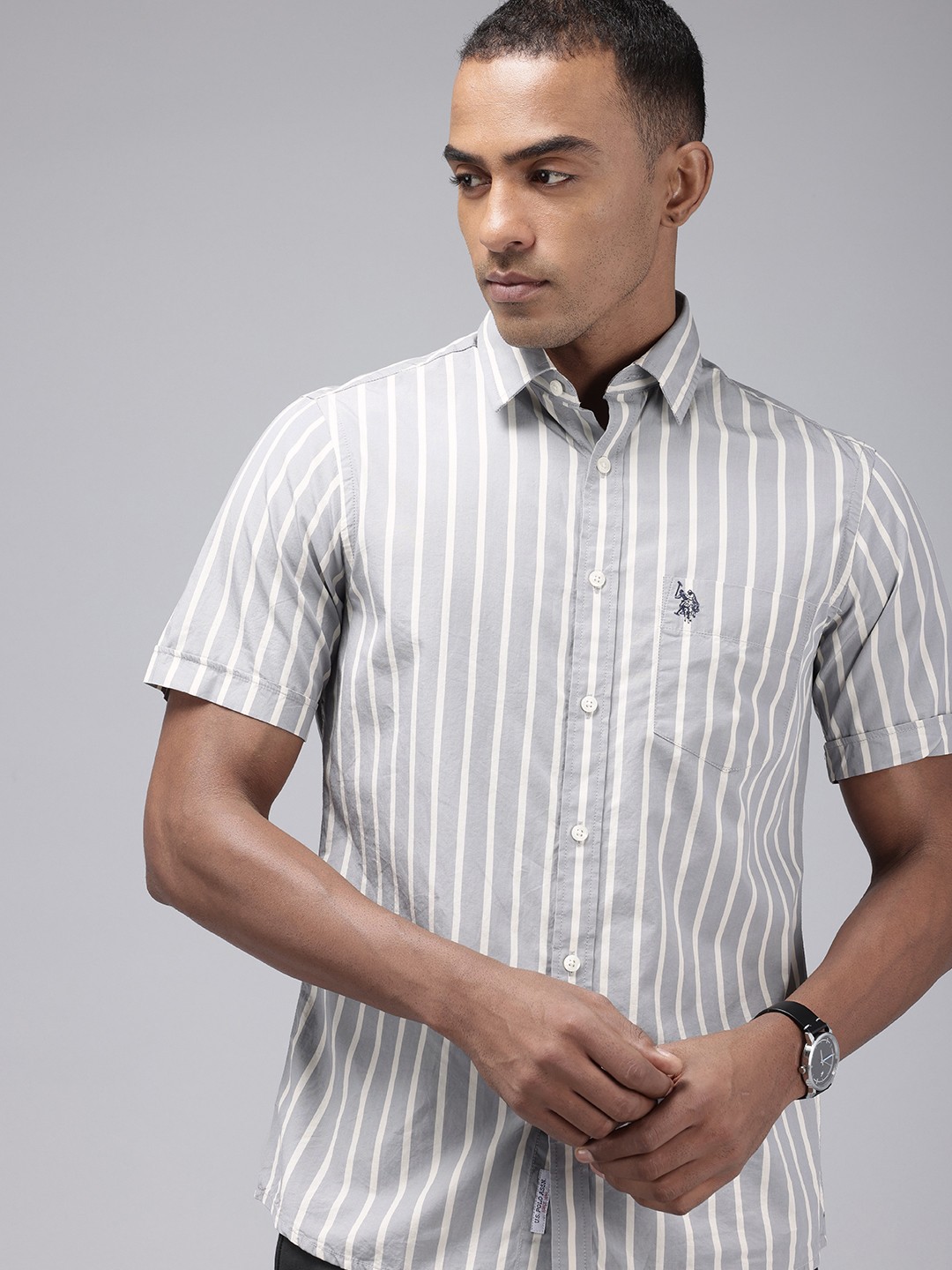 

U.S. Polo Assn. Tailored Fit Vertical Stripes Pure Cotton Casual Shirt, Grey