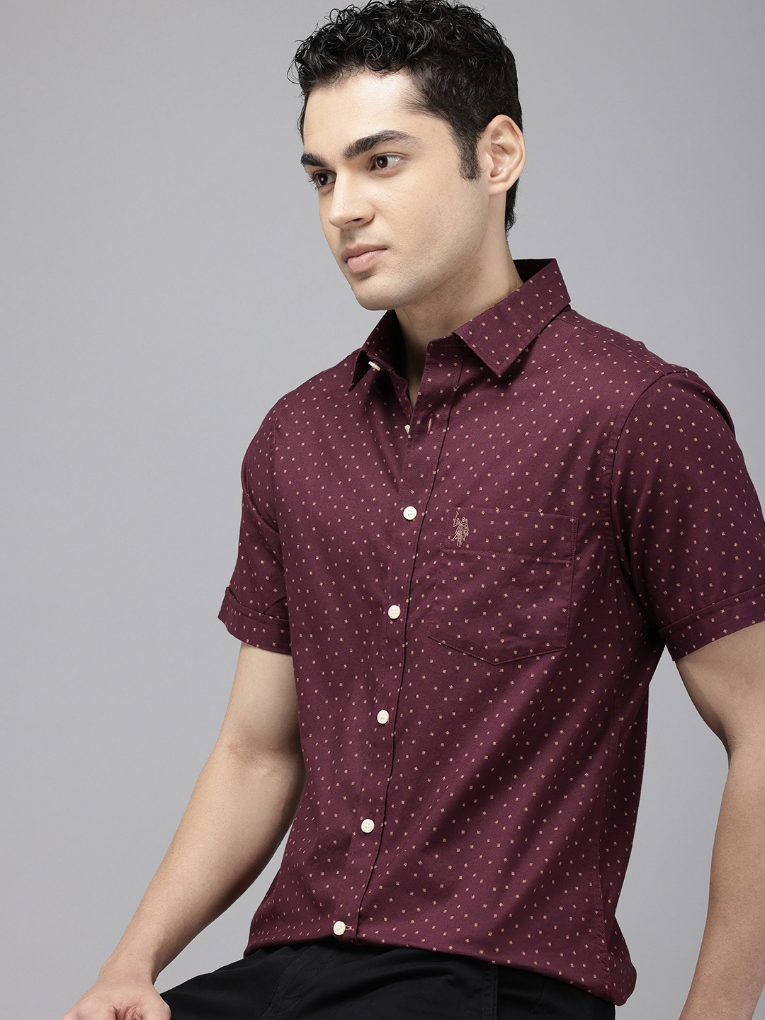 

U.S. Polo Assn. Tailored Fit Geometric Printed Pure Cotton Casual Shirt, Maroon