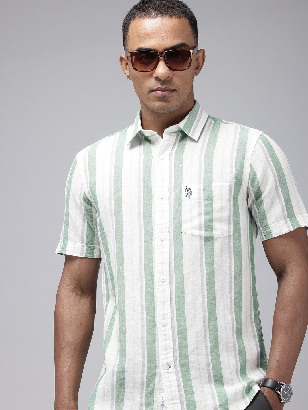 

U.S. Polo Assn. Tailored Fit Vertical Stripes Linen Cotton Casual Shirt, Green