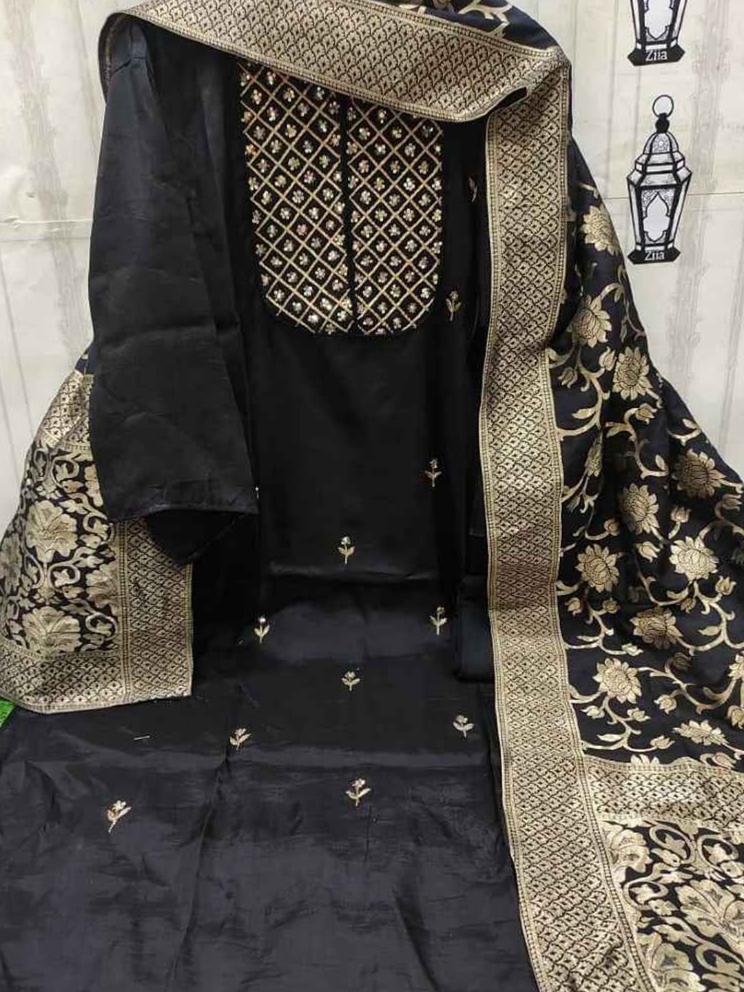 

faxofab Ethnic Motifs Woven Design Beads & Stones Unstitched Dress Material, Black