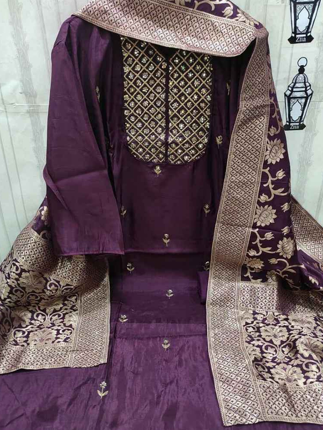 

faxofab Ethnic Motifs Woven Design Unstitched Dress Material, Purple