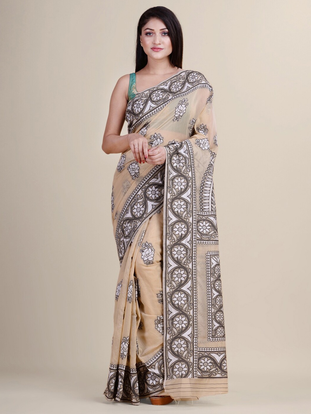 

HOUSE OF ARLI Floral Woven Design Silk Cotton Saree, Beige