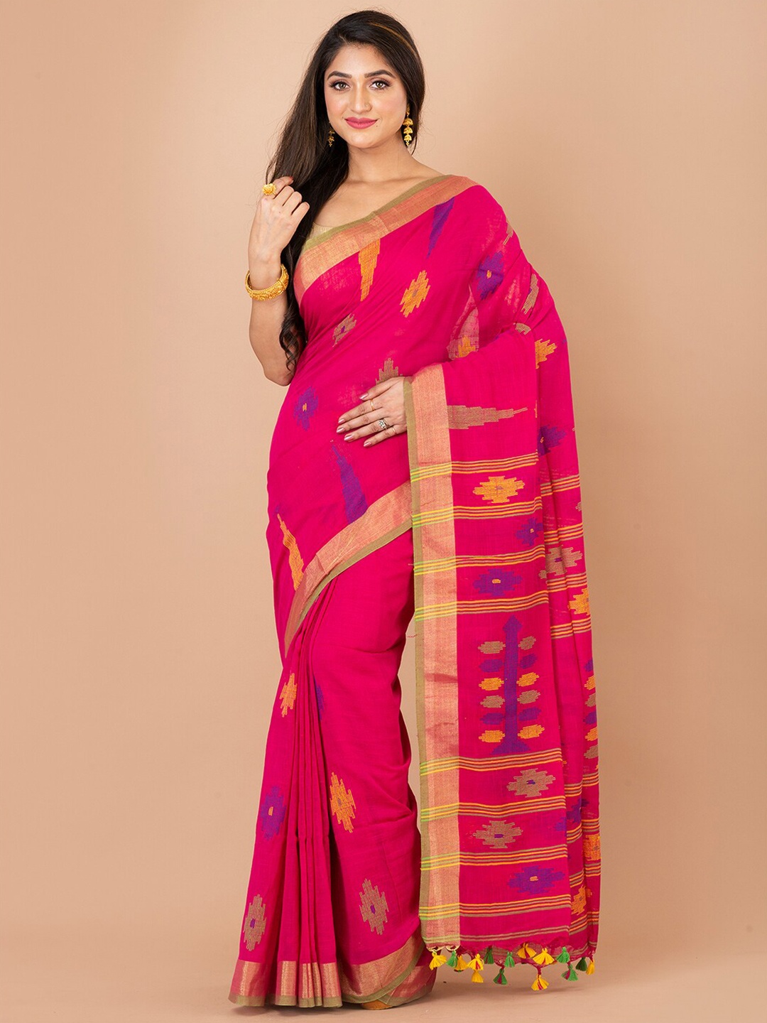 

HOUSE OF ARLI Geometric Printed Pure Cotton Saree, Pink