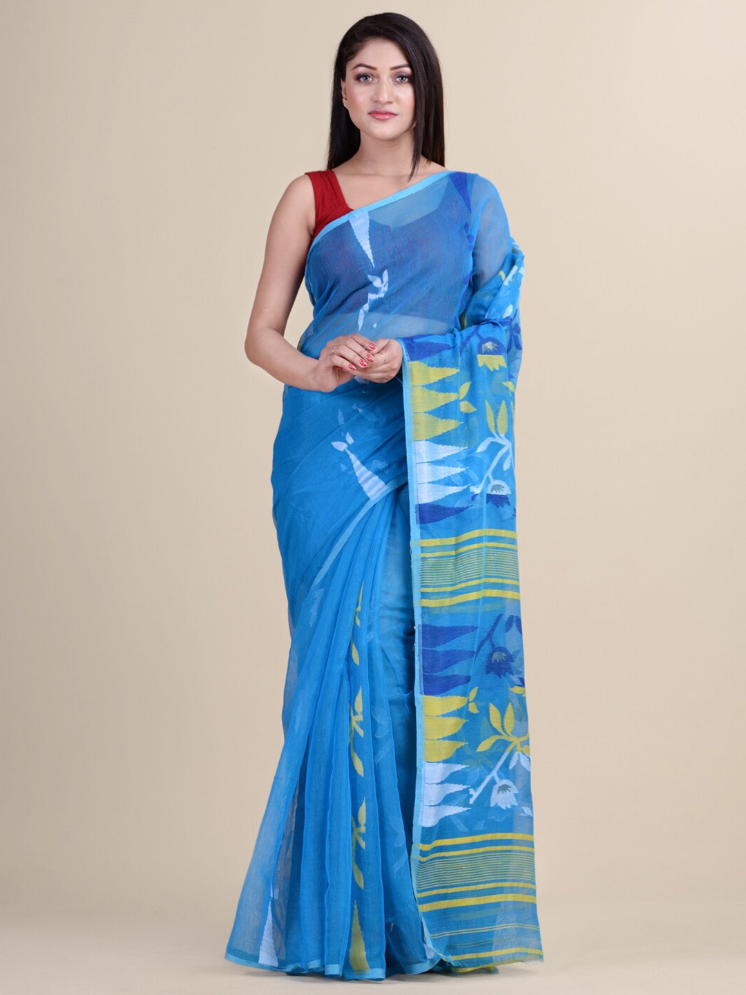

HOUSE OF ARLI Woven Design Pure Cotton Jamdani Saree, Blue