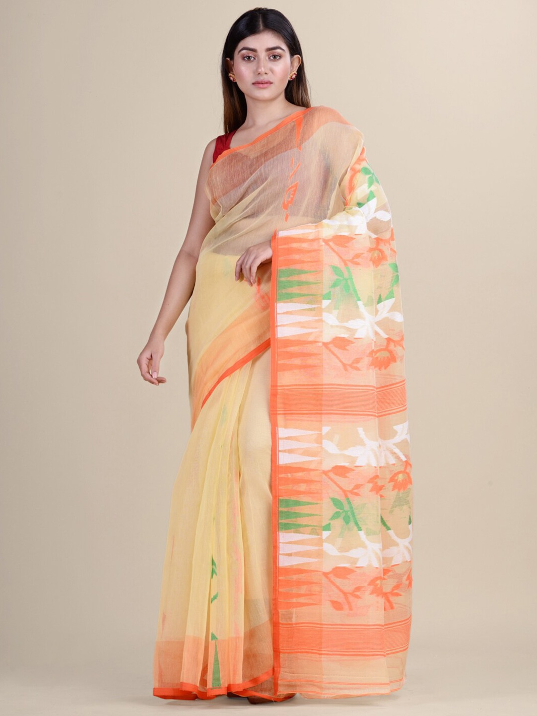 

HOUSE OF ARLI Woven Design Pure Cotton Jamdani Saree, Yellow