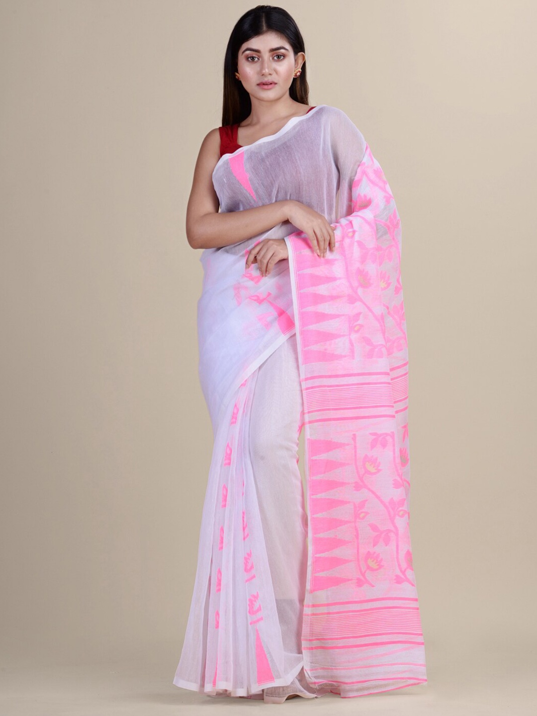 

HOUSE OF ARLI Woven Design Pure Cotton Jamdani Saree, White