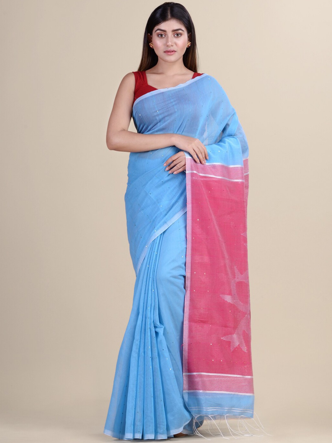 

HOUSE OF ARLI Embellished Zari Silk Cotton Saree, Blue