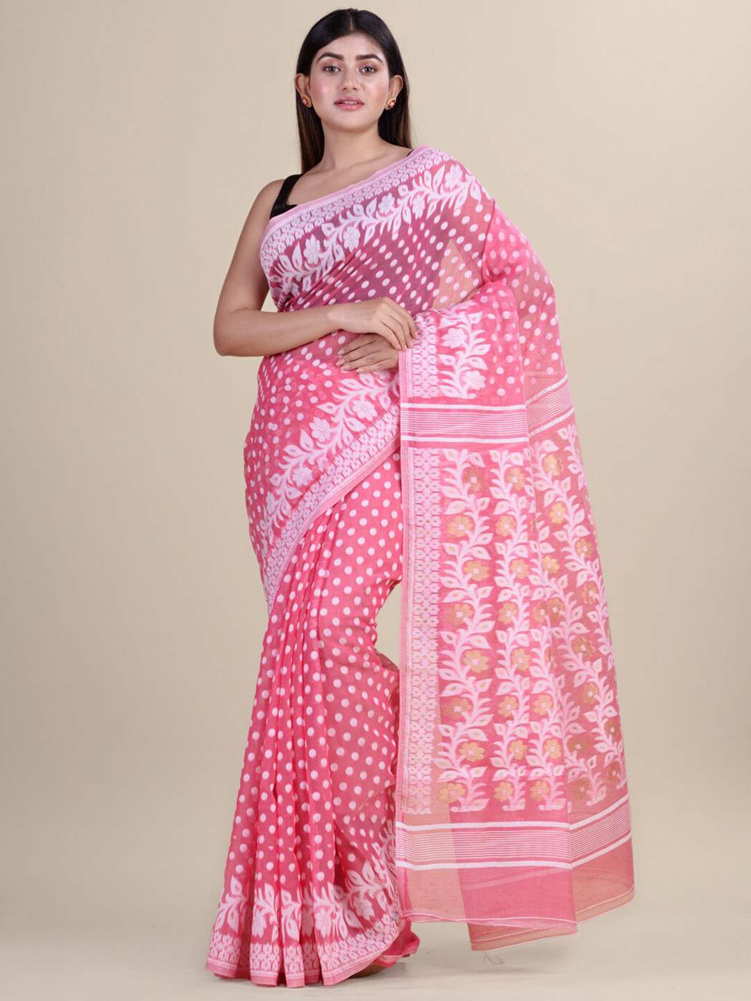 

HOUSE OF ARLI Ethnic Motifs Woven Design Pure Cotton Jamdani Saree, Pink