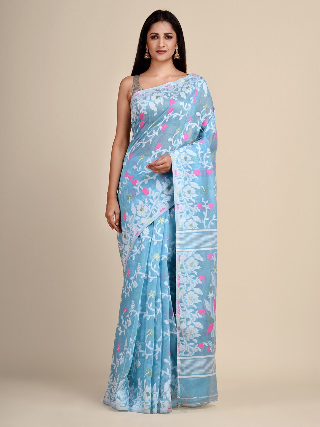 

HOUSE OF ARLI Floral Woven Design Pure Cotton Jamdani Saree, Sea green