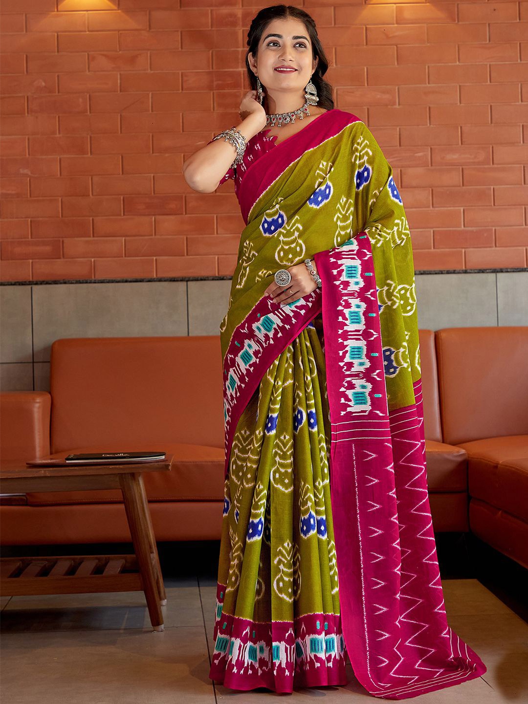 

Mitera Ethnic Motifs Block Print Saree, Olive