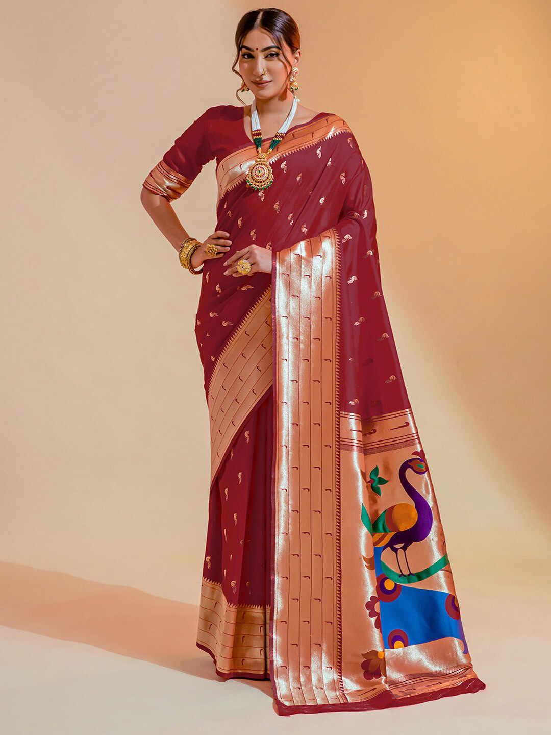 

Mitera Woven Design Zari Paithani Saree, Maroon