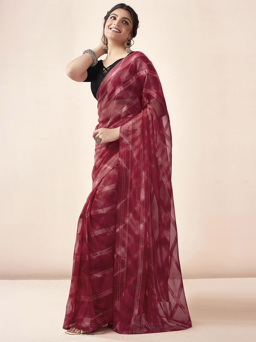 

Mitera Striped Zari Georgette Ready to Wear Leheriya Ready To Wear Saree, Red