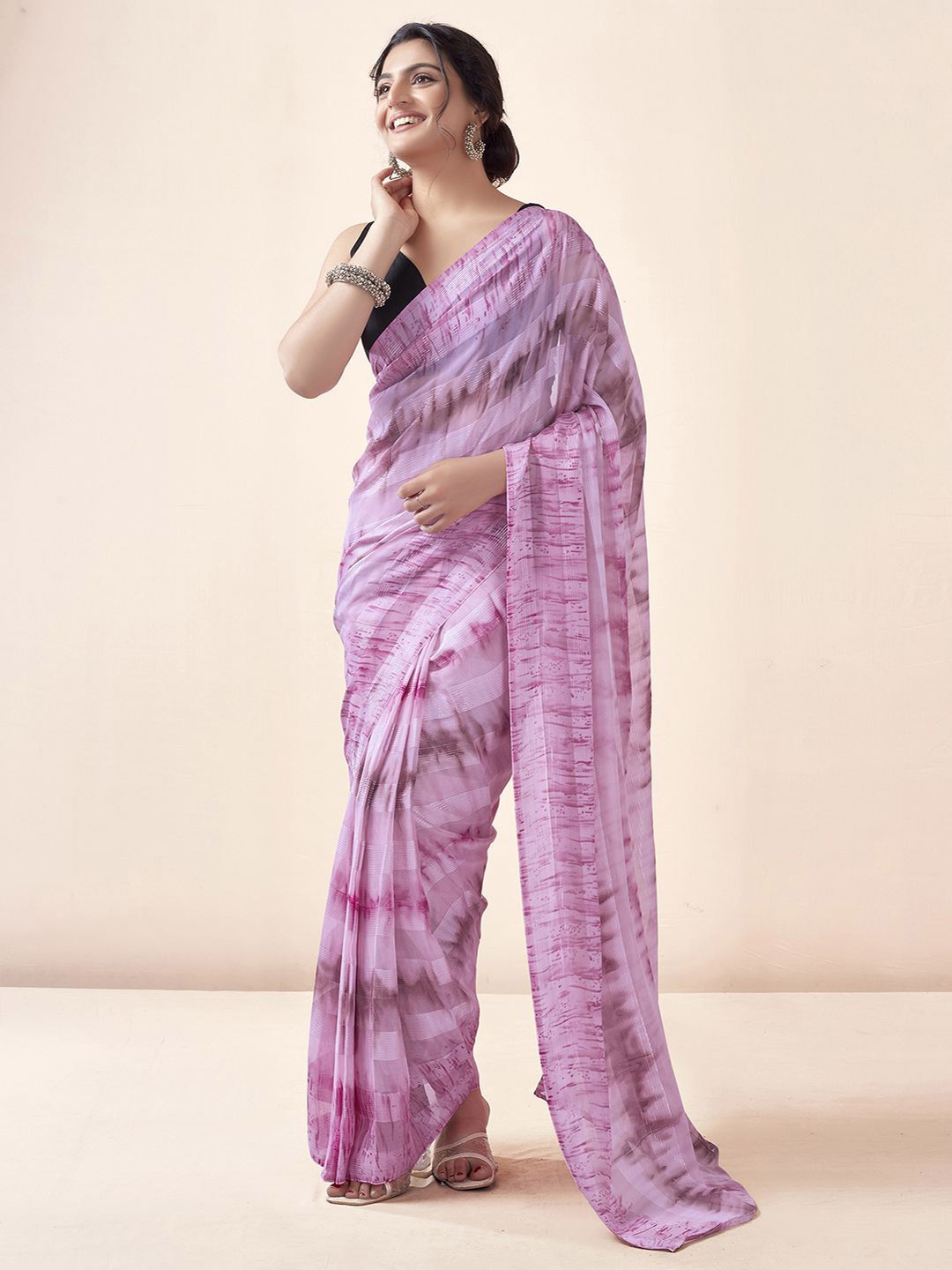 

Mitera Striped Zari Georgette Ready To Wear Leheriya Saree, Pink