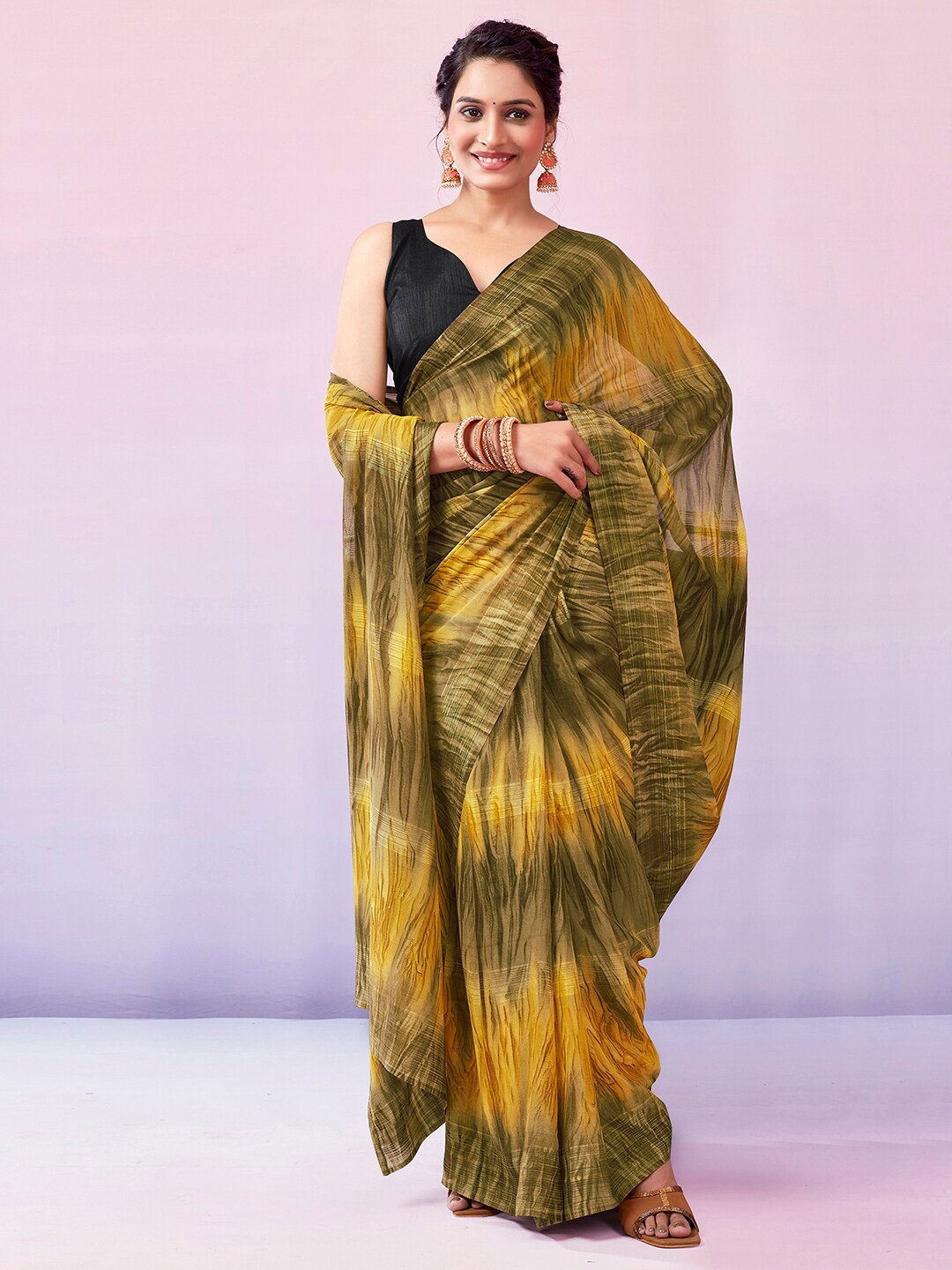 

Mitera Leheriya Zari Georgette Ready to Wear Leheriya Saree, Beige