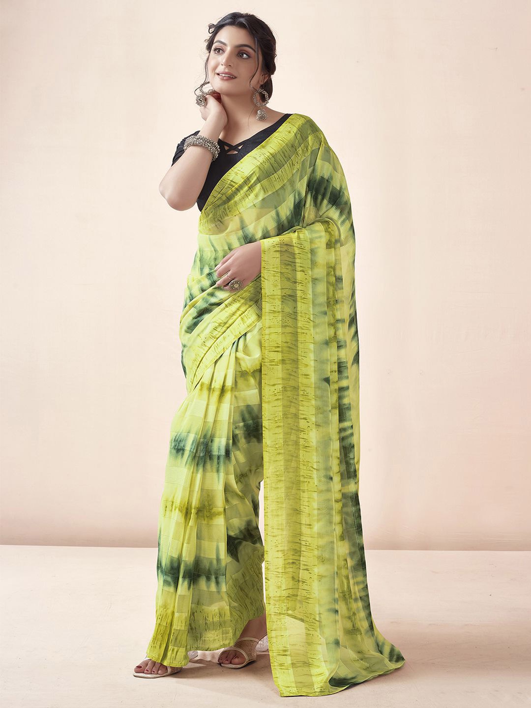 

Mitera Striped Zari Ready to Wear Leheriya Saree, Green