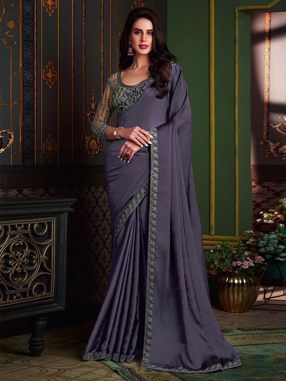 

Mitera Embroidered Satin Kota Saree, Purple