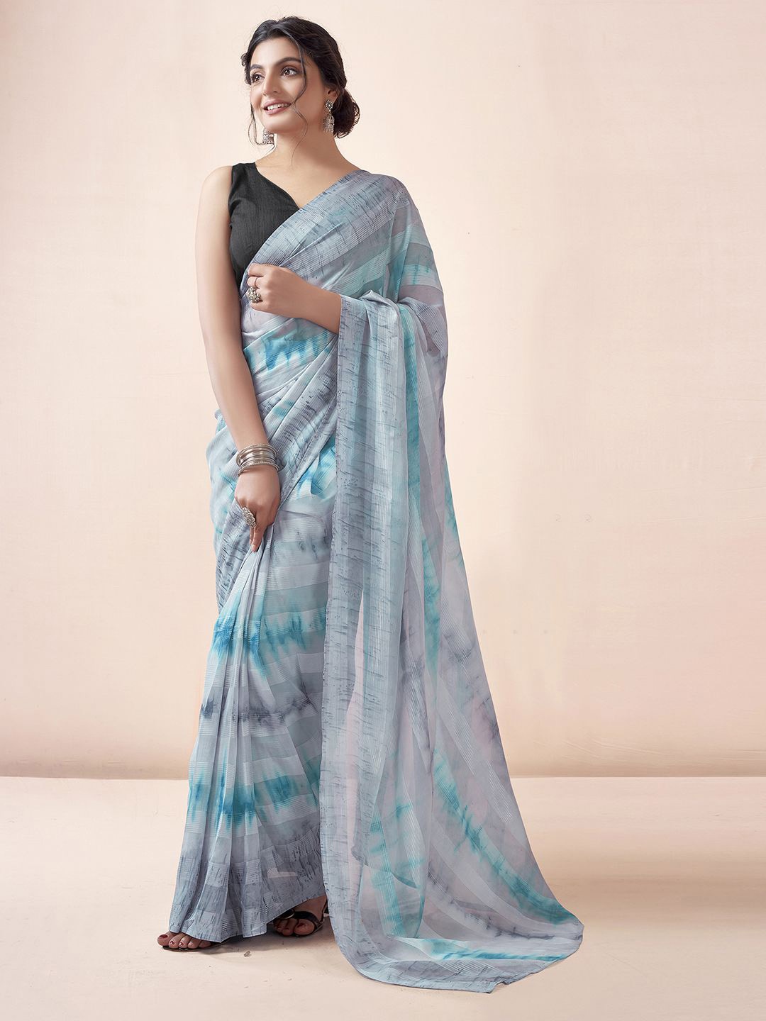 

Mitera Leheriya Zari Poly Georgette Ready to Wear Leheriya Saree, Grey